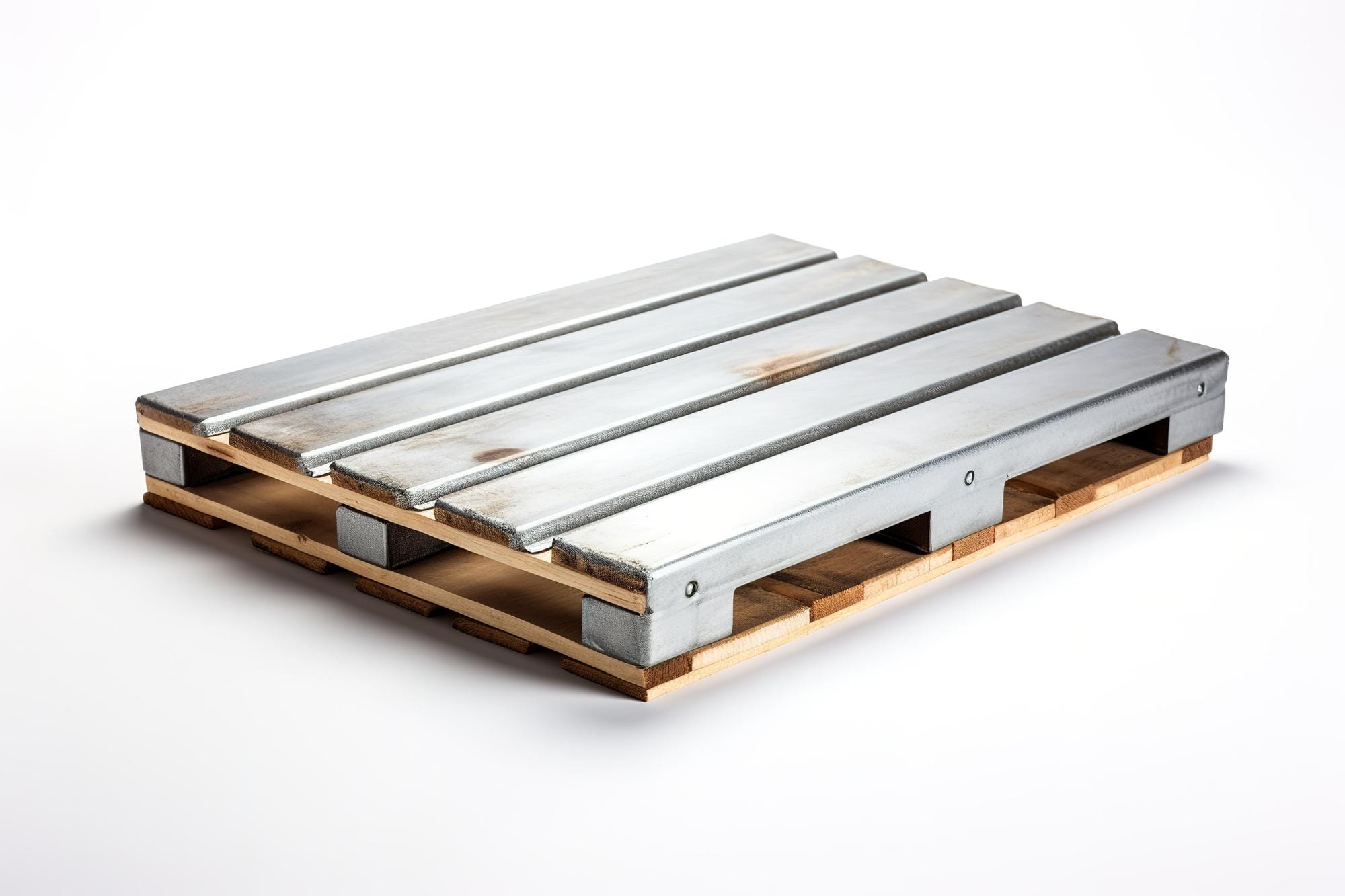 Metal pallet with a wooden base on a white background, showing durable design for heavy-duty industrial use.