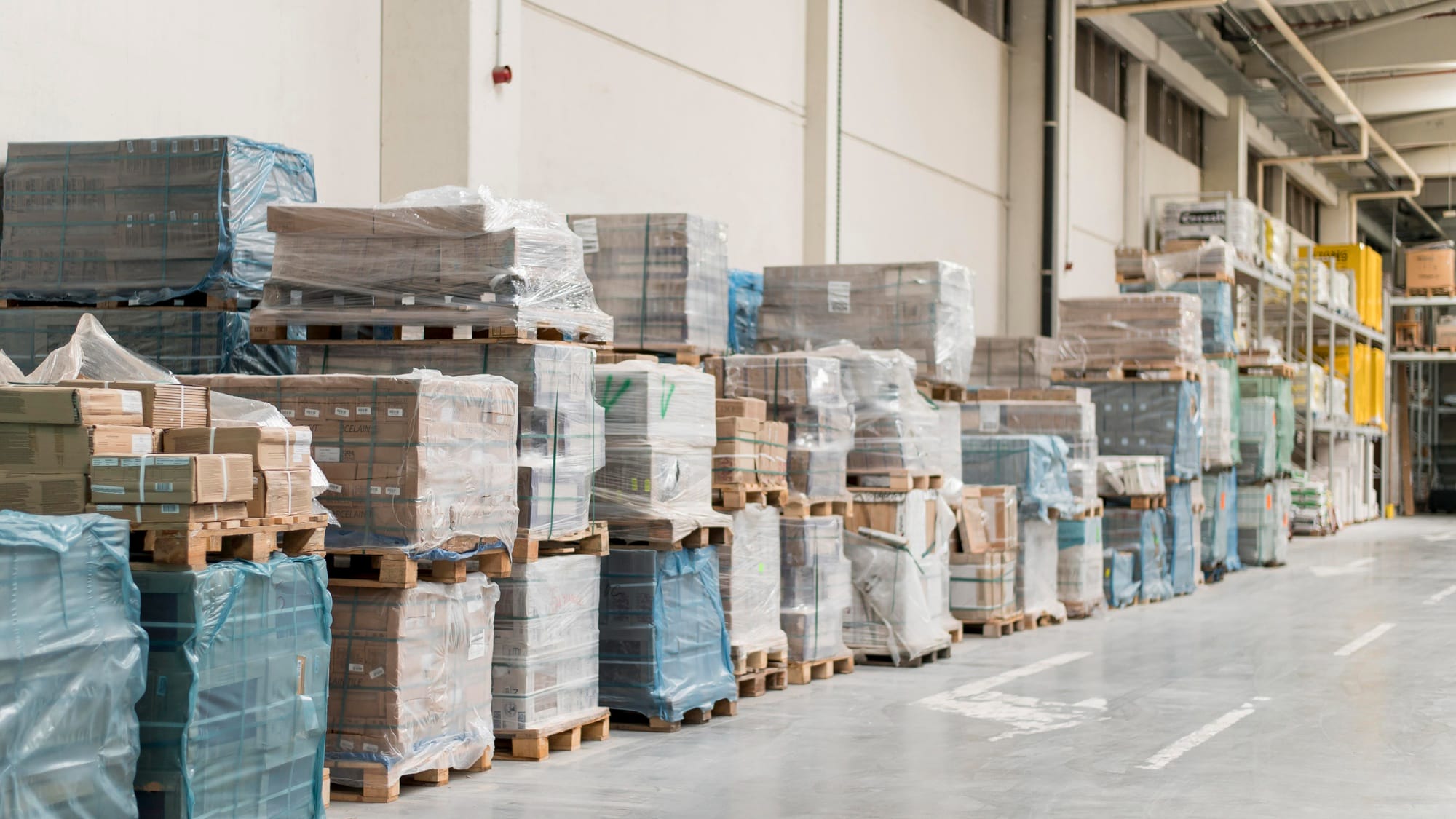 Rows of stacked pallets loaded with wrapped goods in a warehouse, showing practical examples of pallet types and storage applications from Different Types of Pallets and Their Best Uses.